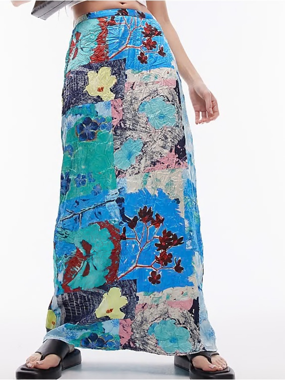 Topshop Resort Print Blue Floral Patchwork Maxi Skirt 8